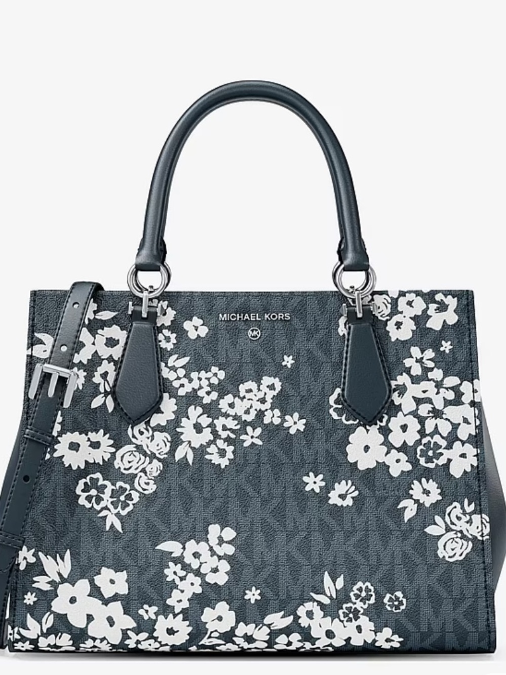 NWT Marilyn Medium Printed Signature Logo Satchel Navy Floral - Picture 6 of 10